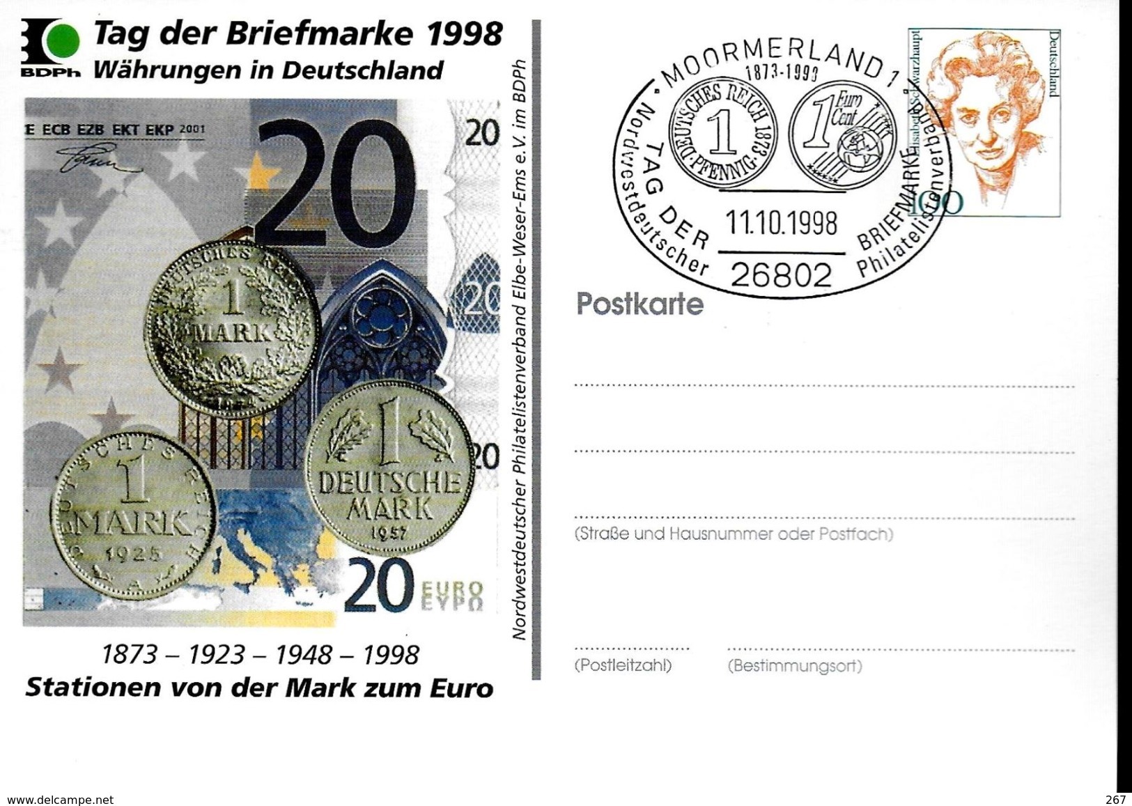 ALLEMAGNE  Carte PAP 1998 Moormerland Monnaie Mark Euro - Münzen