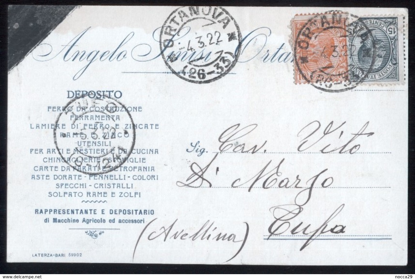 ORTA NOVA - FOGGIA - 1922 - CARTOLINA COMMERCIALE   DITTA "SINISI ANGELO" (INT20) - Negozi