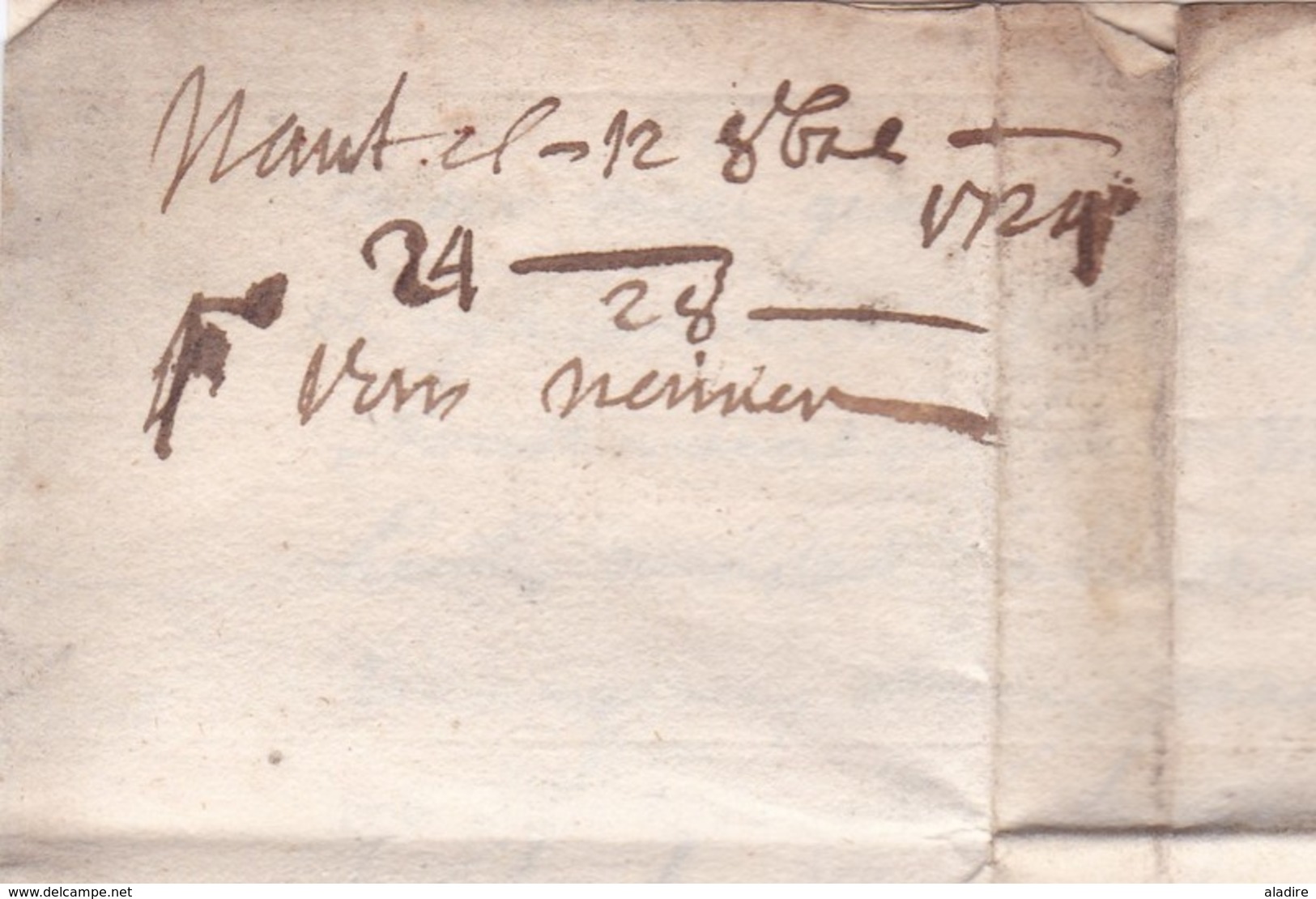 1724 - Lettre Avec Correspondance De 2 Pages En Flamand De Nantes Vers Brugge, Pays Bas Autrichiens - 1701-1800: Précurseurs XVIII