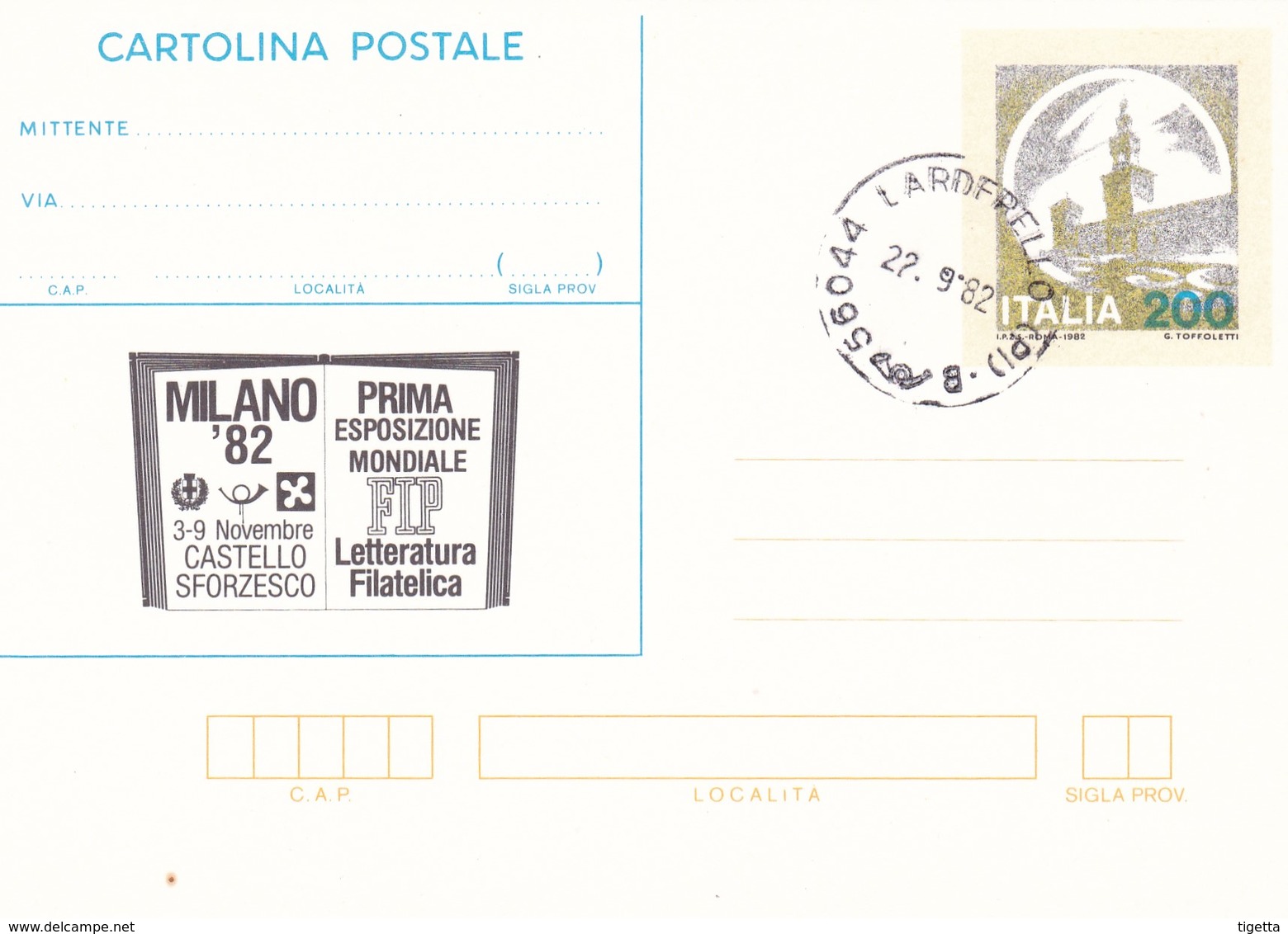 ITALIA CARTOLINA POSTALE CASTELLO SFORZESCO PRIMA ESPOSIZIONE MONDIALE 1982 GIORNO DI EMISSIONE - Interi Postali