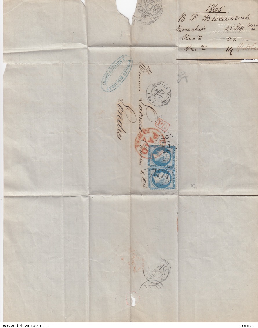 LETTRE. 22 SEPT 1865. PD. DROME. B.BISCARRAT A BOUCHET PAR SUZE-LA-ROUSSE GC 3474. POUR LONDRES. PAID - 1849-1876: Klassik