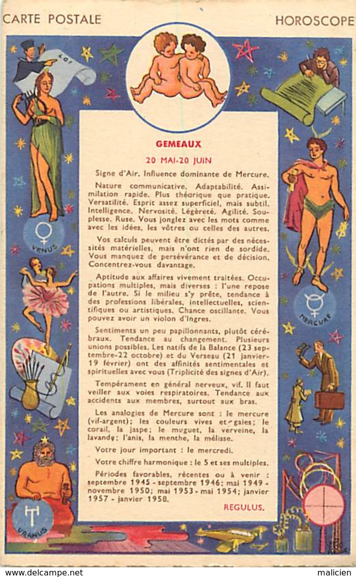 -ref-B74- Astrologie - Horoscope - Zodiaque - Gémaux  - Verso Publicité Mme Robert - Faubourg Saint Denis - Paris 10e - Astrología