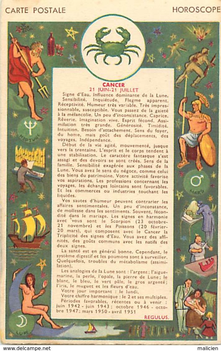 -ref-B73- Astrologie - Horoscope - Zodiaque - Cancer - Verso Publicité Mme Robert - Faubourg Saint Denis - Paris 10e - Astrologie