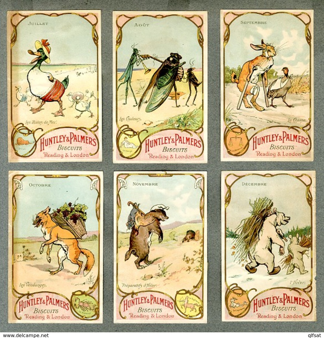 Serie 12 CHROMOS HUNTLEY & PALMERS MOIS 12 MONTHS Animaux Humanises Human Animals Monde Inverse Old Trade Cards Set - Autres & Non Classés