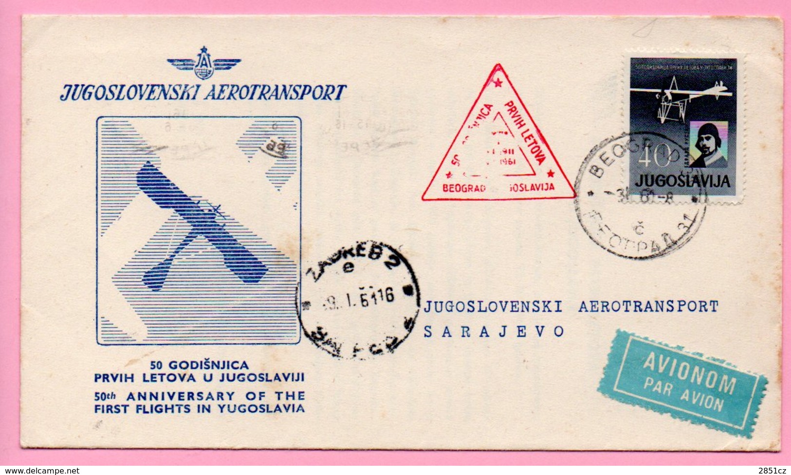 Cover - 50th Anniversary Of The First Flights In Yugoslavia, Zagreb/Beograd, 1961., Yugoslavia, Airmail/Par Avion - Airmail