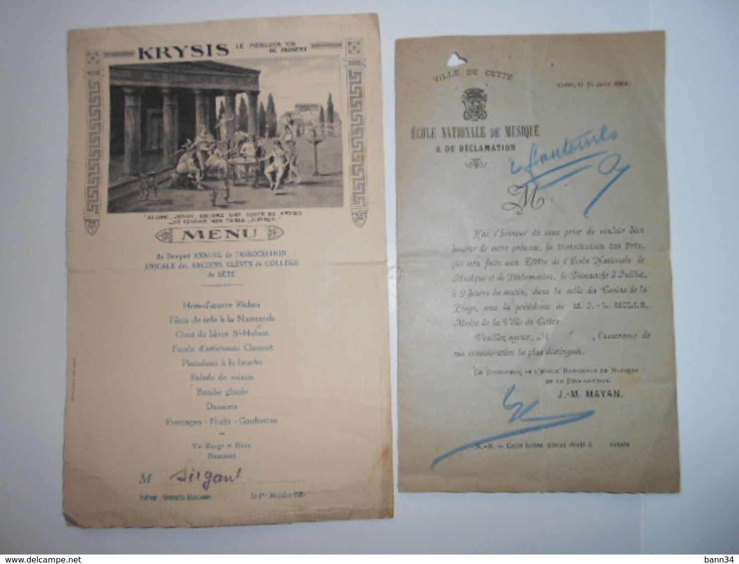Cette Herault Sete Invitation Ecole Musique 1904/ Menu 1925 College De Sete Ecole - Menus