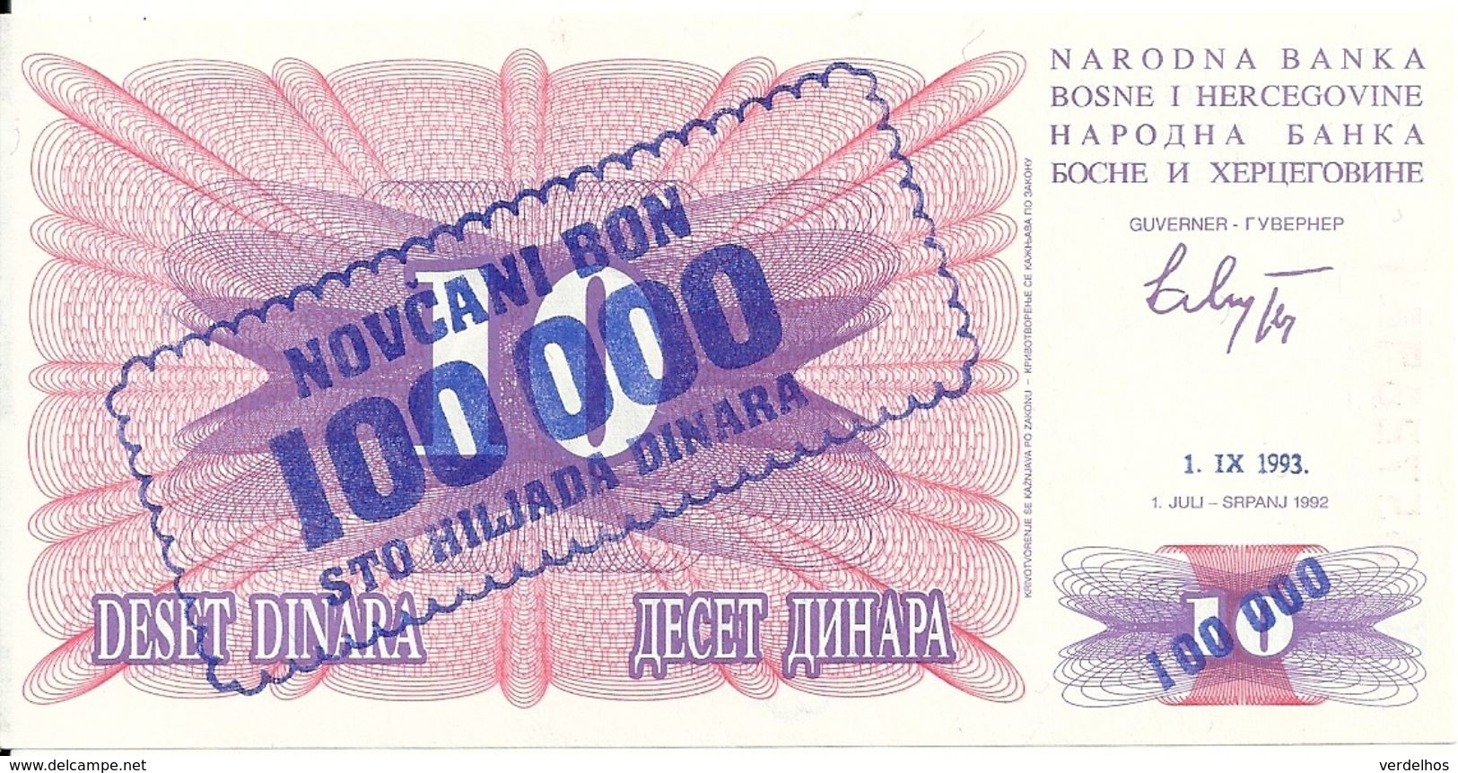 BOSNIE-HERZEGOVINE 100000 DINARA 1993 UNC P 34 A - Bosnia And Herzegovina