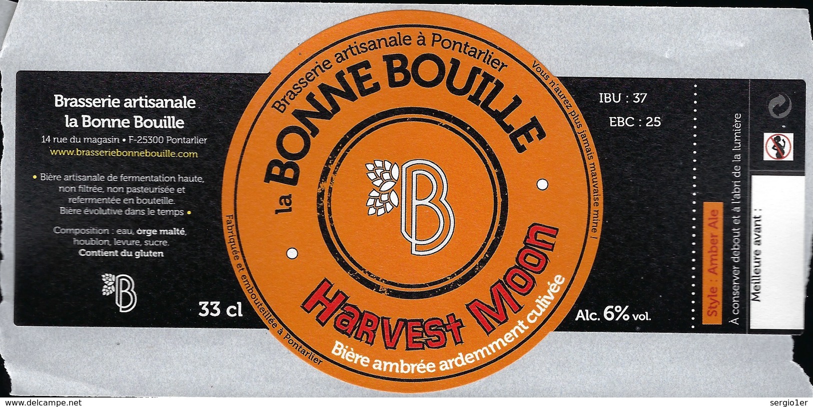 Etiquette Biere  Ambrée Bonne Bouille Harvest Moon  6%  33cl   Brasserie  La Bonne Bouille Pontarlier 25 - Bière