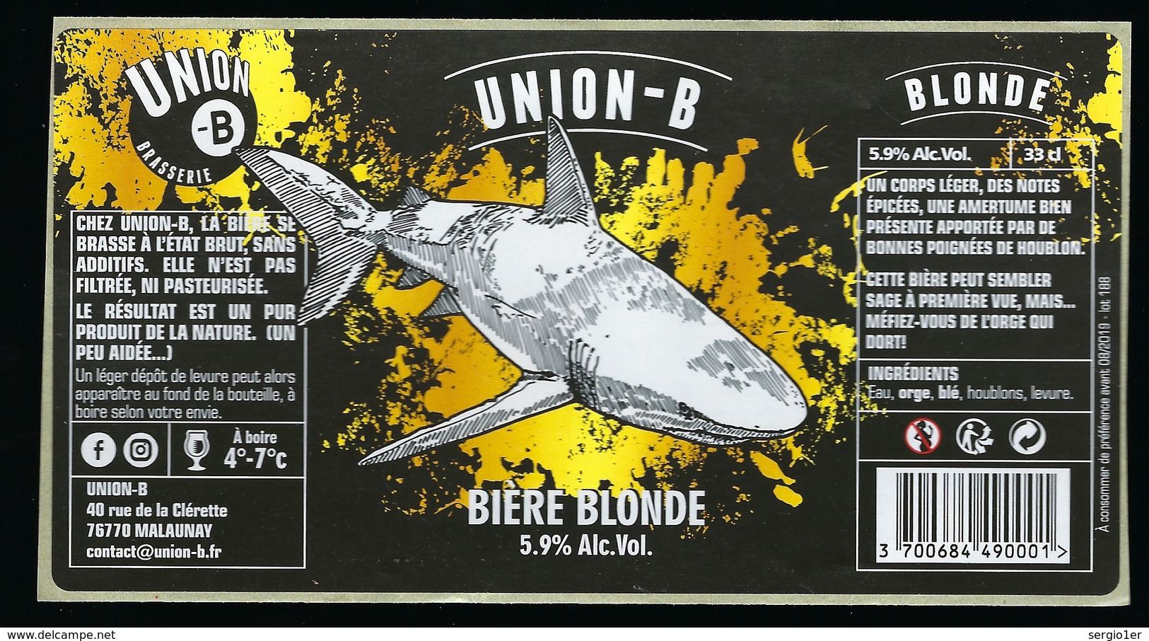 Etiquette Biere  Blonde  Union B  5,9%  33cl   Brasserie Union B Malaunay 76 "requin" - Bière