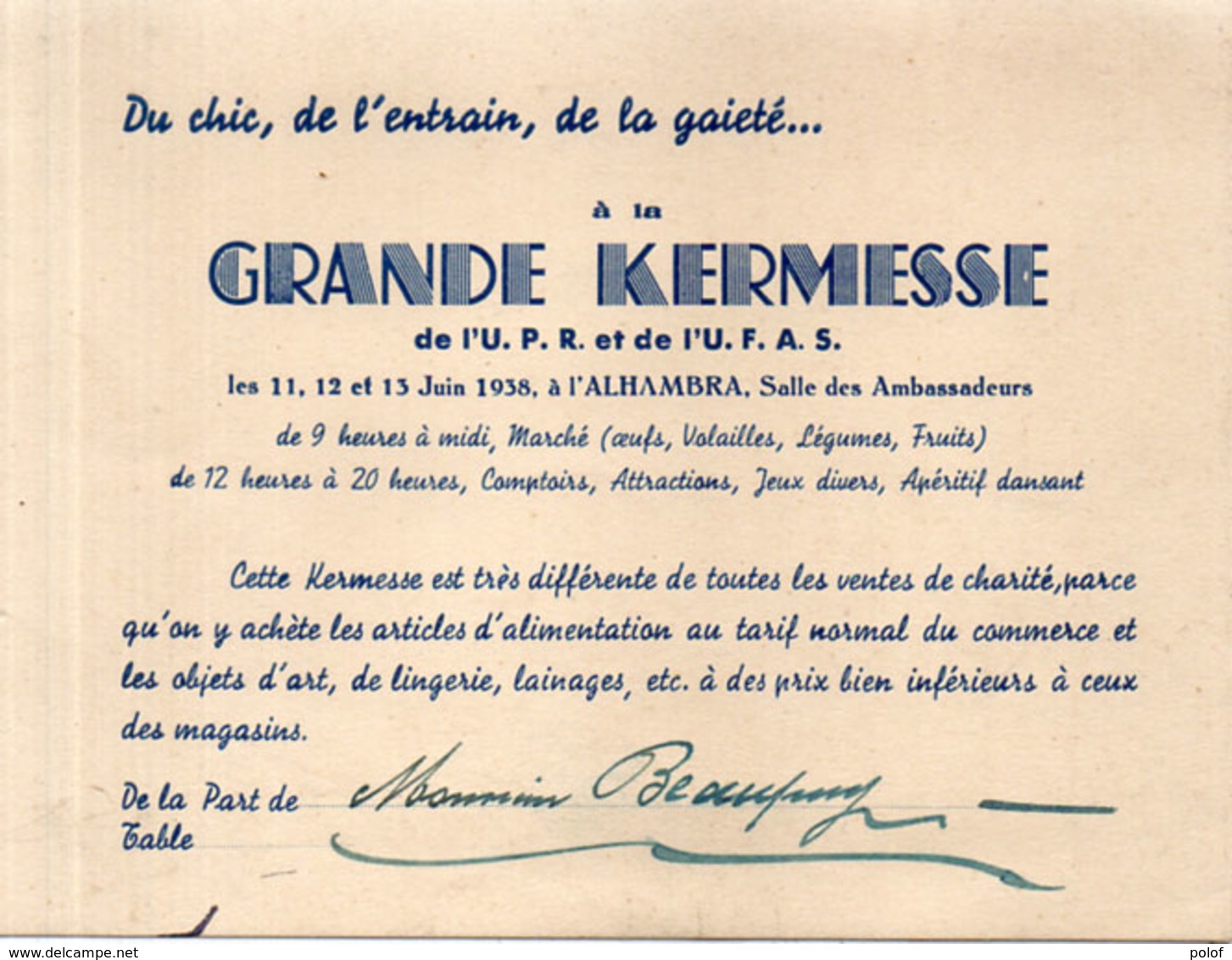 Invitation Grande Kermesse De L' U.P.R. Et De L' U.F.A.S. En 1938 A L' Alhambra    (110954) - Programmes