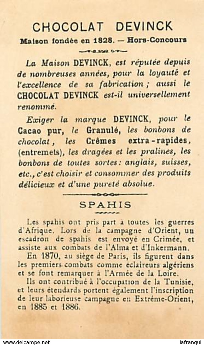 CH196 -chromo 10,5cms X 6,5cms -chocolat Devinck -militaires -militaire -regiments - Regiment Spahis De Bone Algerie - - Other & Unclassified