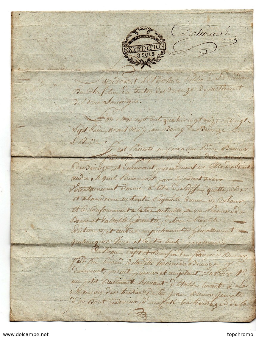 Acte Notarial Notaire 1791 Cachet D. De L'Orne Expédition 8 Sols Briouze Béruier 4 Pages - Cachets Généralité