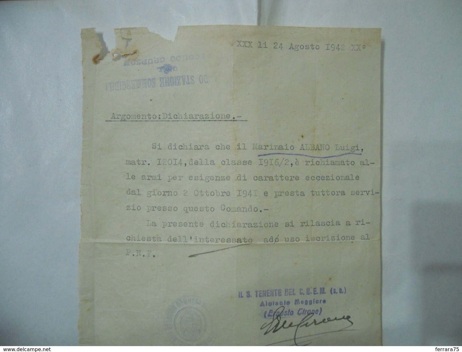 WW2 DOCUMENTO STAZIONE COMANDO SOMMERGIBILI 1942 RICHIAMO ALLE ARMI ALBANO LUIGI - 1939-45