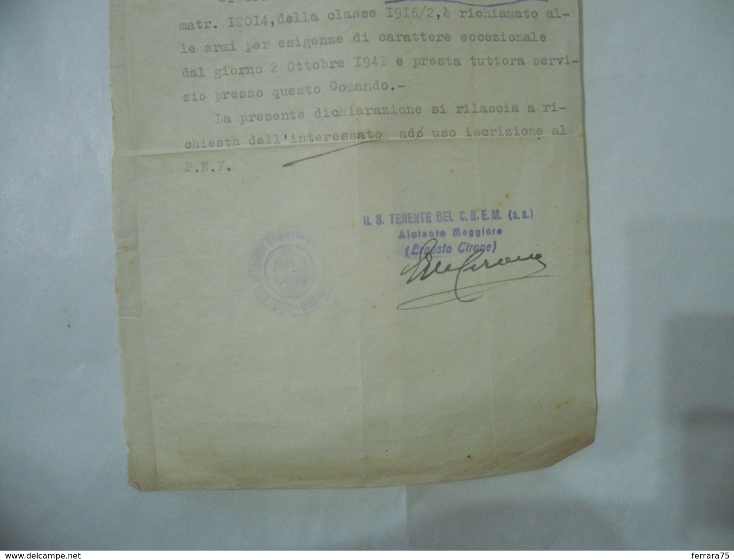 WW2 DOCUMENTO STAZIONE COMANDO SOMMERGIBILI 1942 RICHIAMO ALLE ARMI ALBANO LUIGI - 1939-45