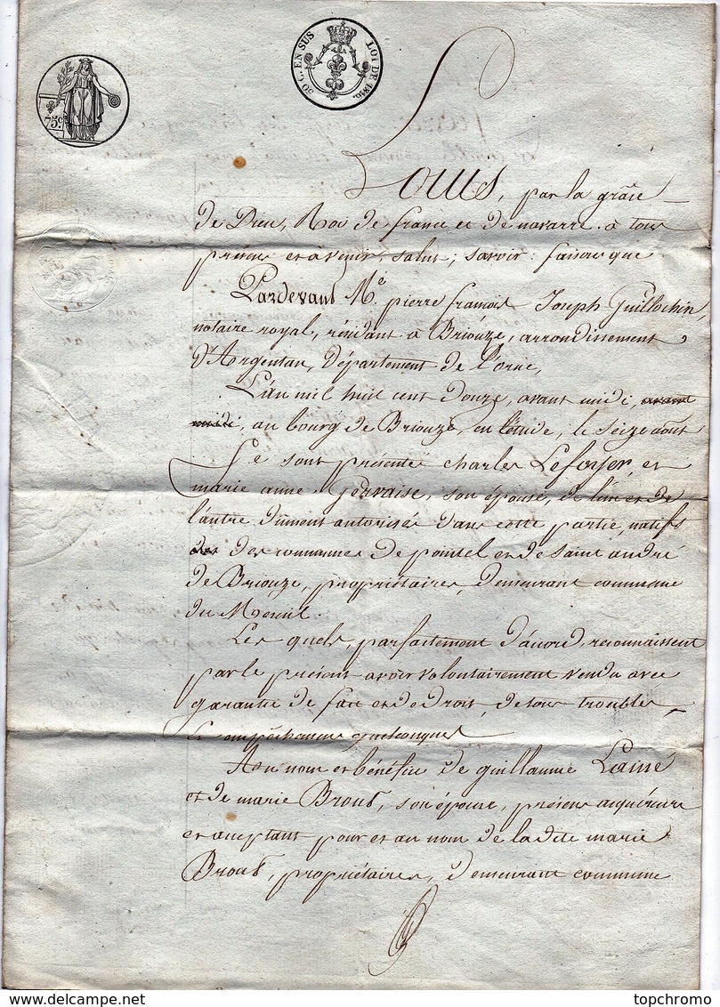 Acte Notarial Vente Notaire Guillochin 1812 Cachet Briouze Lefoyer Lainé 4 Pages - Cachets Généralité