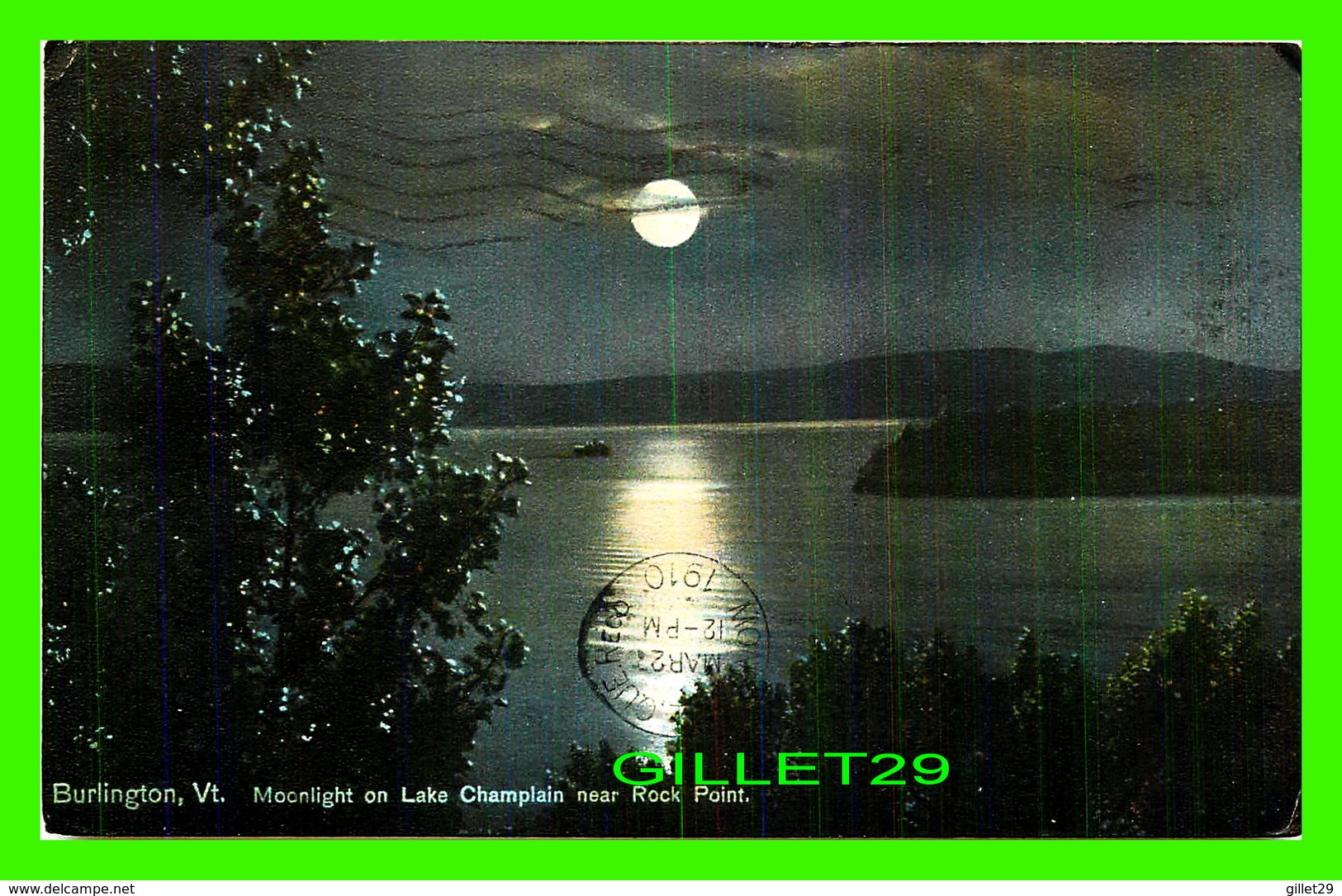 BURLINGTON, VT - MOONLIGHT ON LAKE CHAMPLAIN NEAR ROCK POINT - TRAVEL IN 1910 - THE HUGH C. LEIGHTON CO - - Burlington