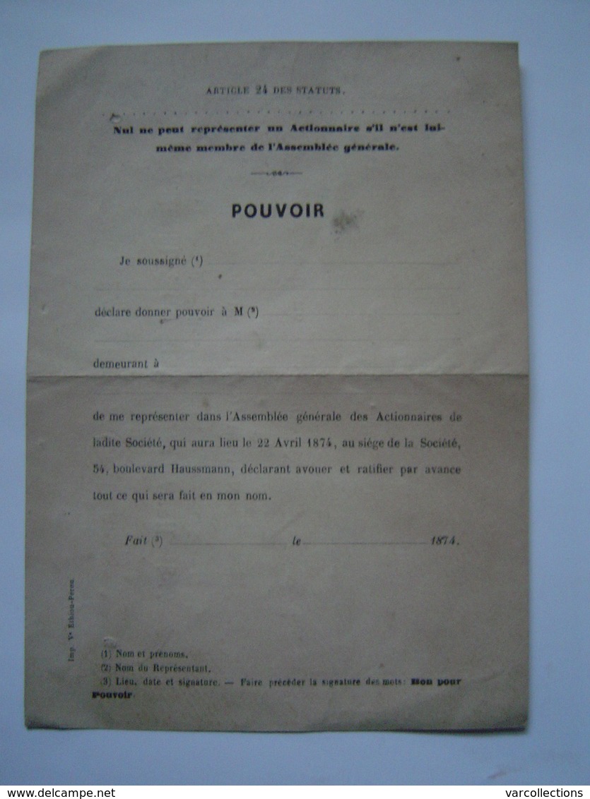 CARTE ADMISSION : ASSEMBLEE GENERALE / CHEMINS DE FER PLM 1874 - 1800 – 1899