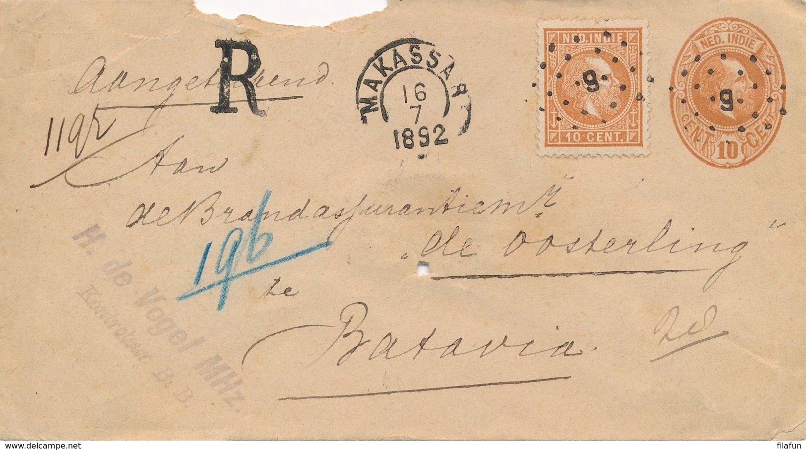 Nederlands Indië - 1892 - 10c Willem III Op R-Envelop G6 Van Kleinrond + Puntstempel Makassar Naar Batavia - Nederlands-Indië