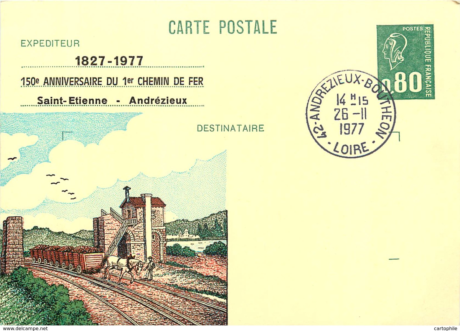 Entier Postal Bequet 0,80 Frs Vert - 150e Anniversaire Du 1er Chemin De Fer Saint-Etienne - Andrezieux 1827-1977 - Cartoline Postali E Su Commissione Privata TSC (ante 1995)