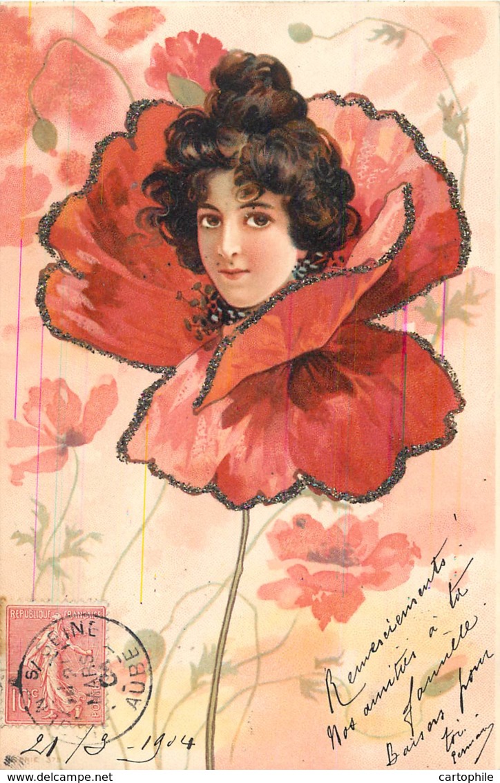 Belle Carte Gaufrée 1904 - Tete De Femme Dans Une Fleur - Femmes