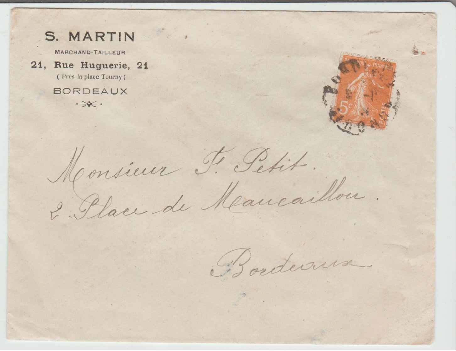 GIRONDE: " MARCHAND TAILLEUR S. Martin Rue Huguerie à Bordeaux / Yv 158 ROULETTE Seul / LSC - 1921-1960: Période Moderne