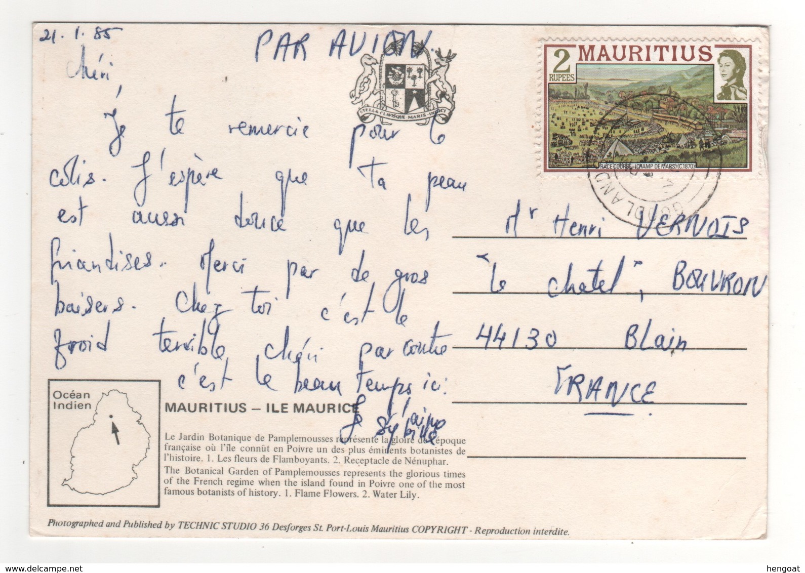 Beau Timbre , Stamp  Sur Cp , Carte , Postcard Du 21/01/1985 Pour La France - Mauricio (1968-...)