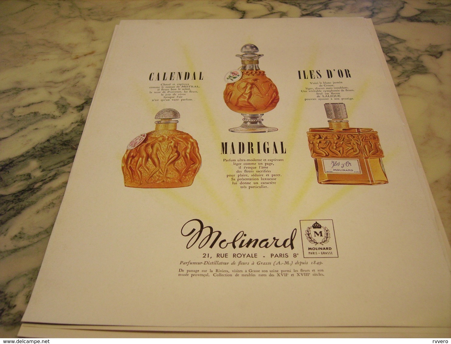 ANCIENNE PUBLICITE PARFUM CALENDAL ET ILES D OR DE MOLINARD 1949 - Autres & Non Classés