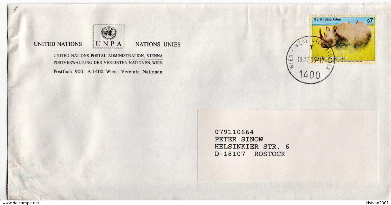 Postal History: UNO Cover With Rhino Stamp - Rhinoceros