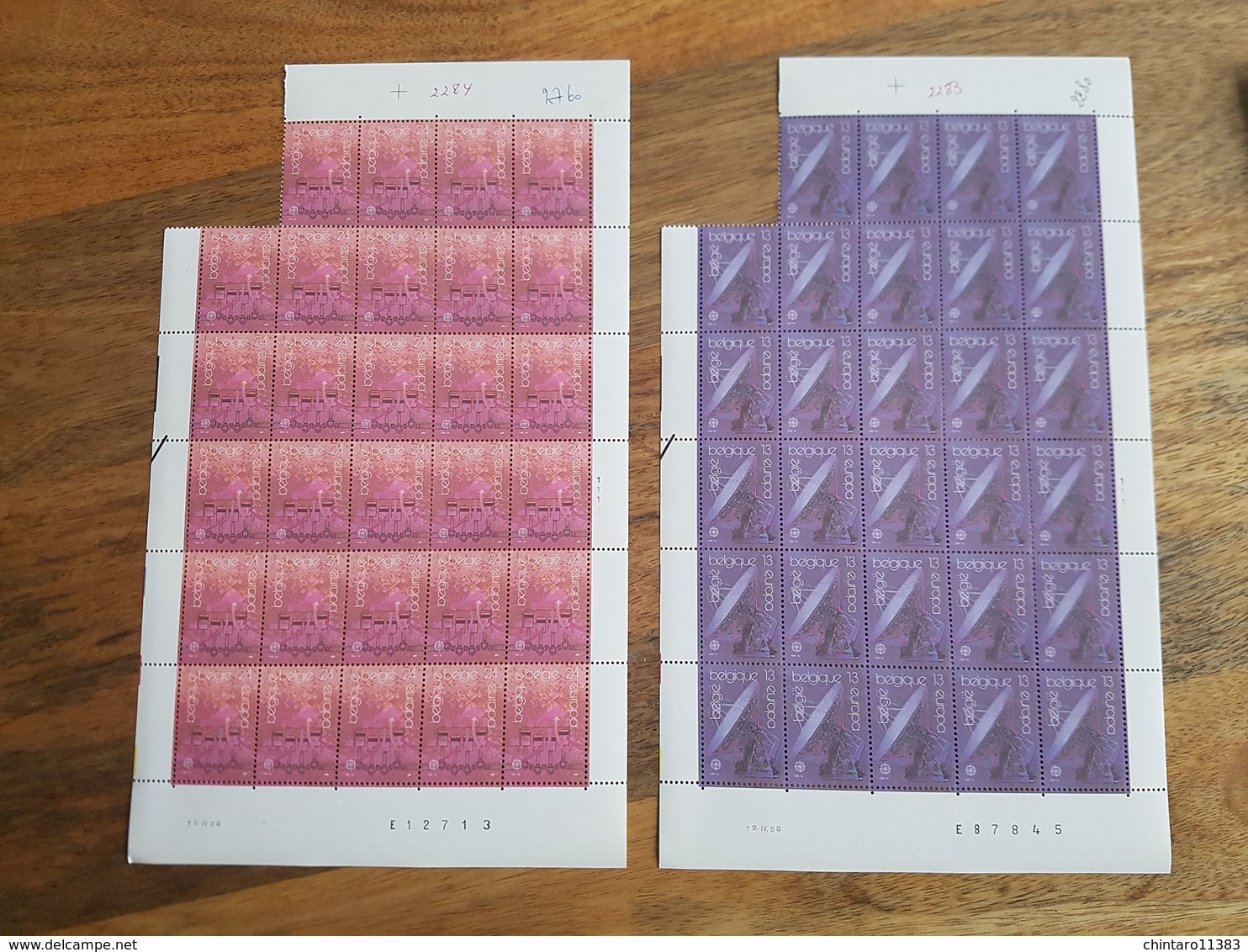 Lot feuilles incomplètes de timbres Belgique - Année 1988