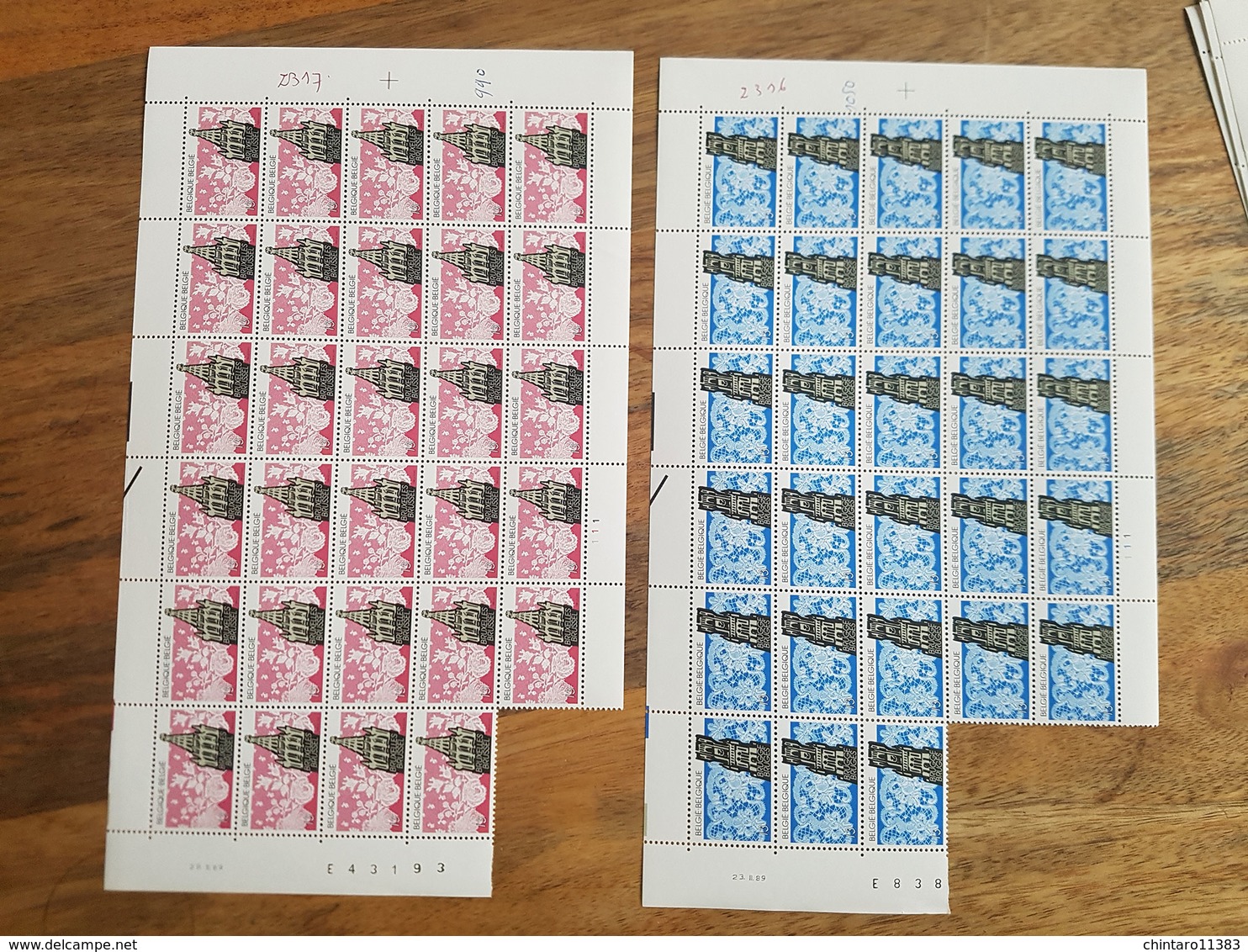 Lot feuilles incomplètes de timbres Belgique - Année 1989