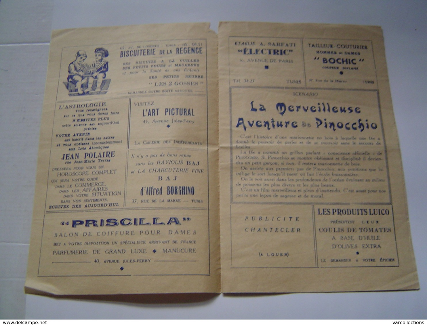 PROGRAMME Ancien : PUBLICITE CINEMA LE CAPITOLE - TUNIS / FILM PINOCCHIO - WALT DISNEY Vers 1950 - Programmes