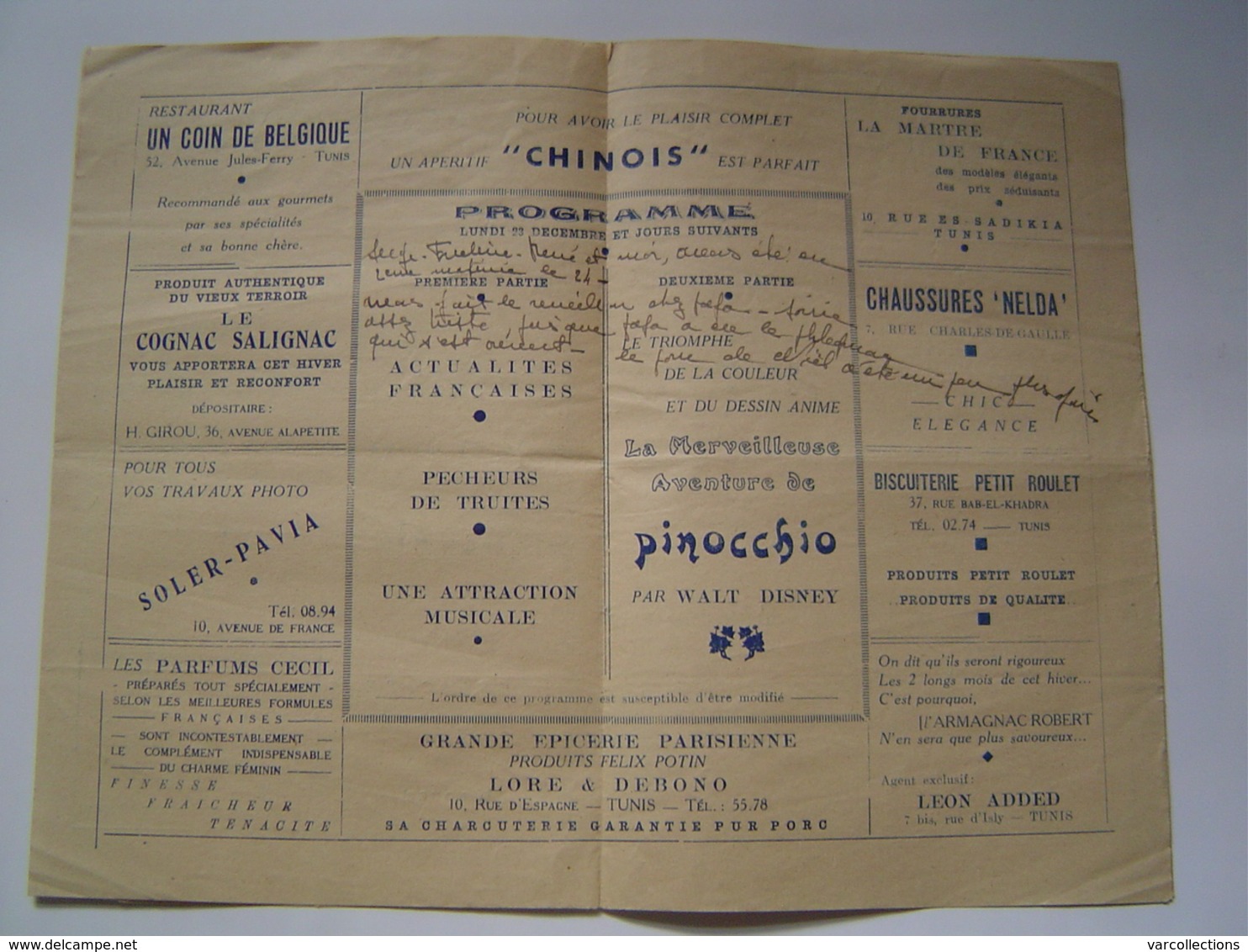 PROGRAMME Ancien : PUBLICITE CINEMA LE CAPITOLE - TUNIS / FILM PINOCCHIO - WALT DISNEY Vers 1950 - Programmes