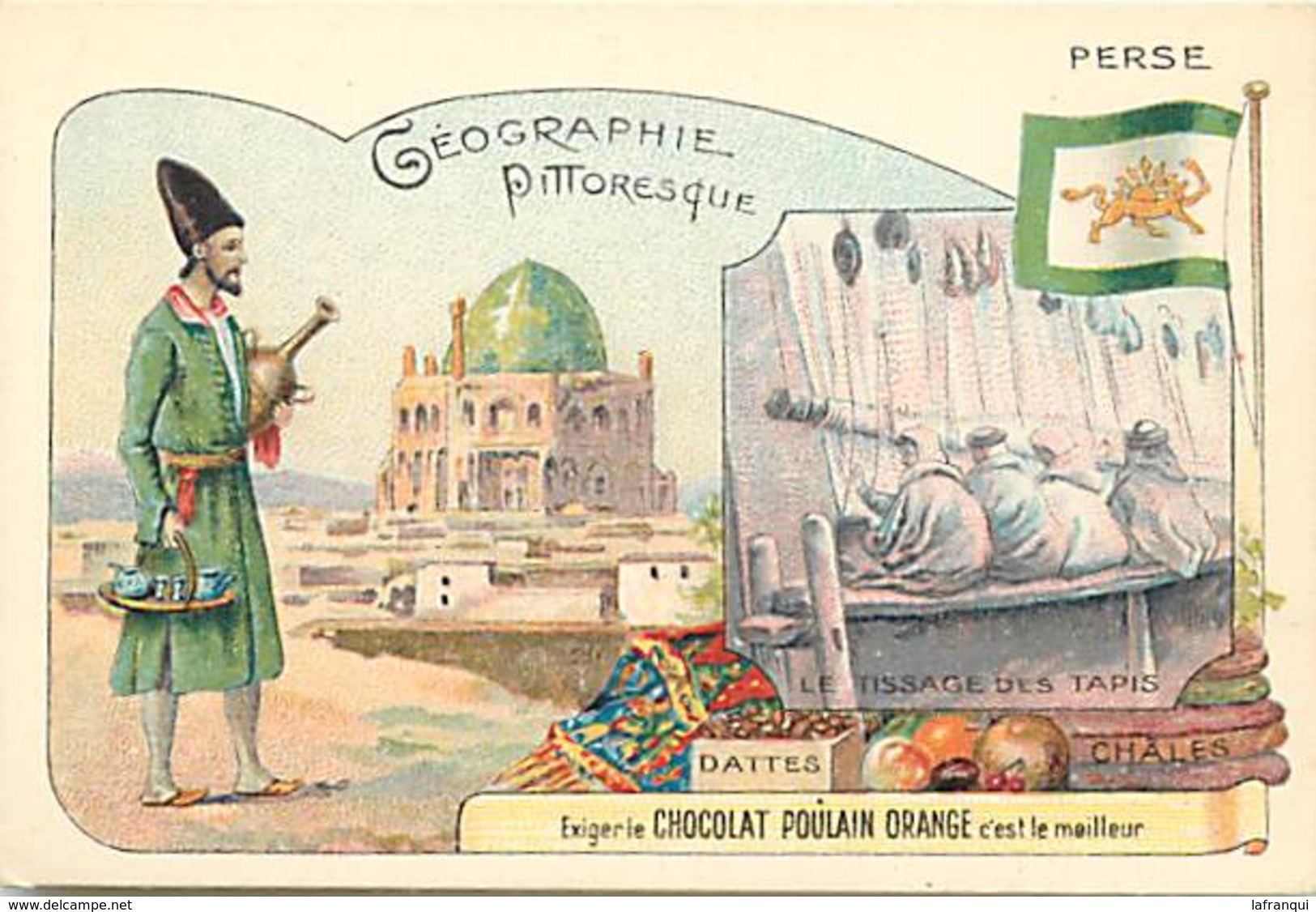 CH125 -chromo 10,5cms X 7cms - Chocolat Poulain Orange - Geographie Pittoresque -perse -iran - Tapis -markets - - Poulain