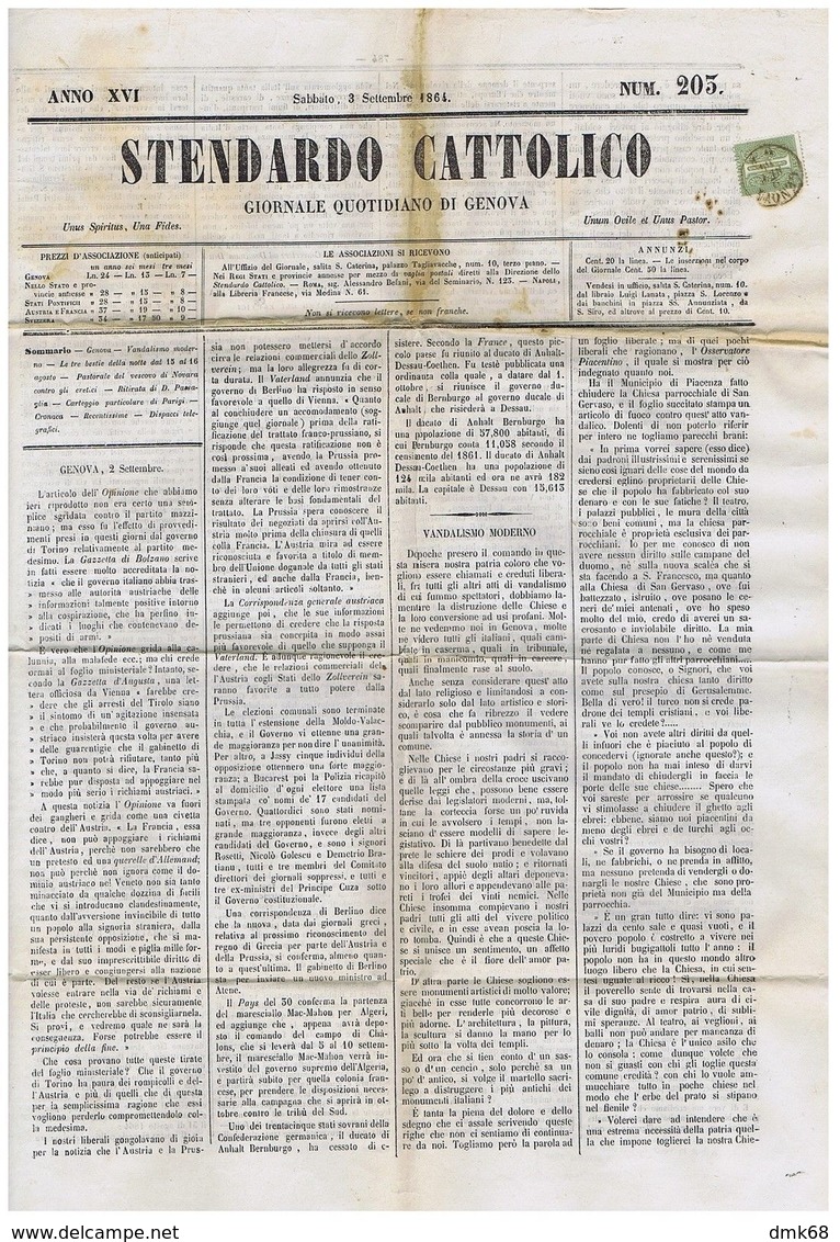 GENOVA - STENDARDO CATTOLICO - GIORNALE 1864 CON AFFRANCATURA 1 CENTESIMO - Avant 1900