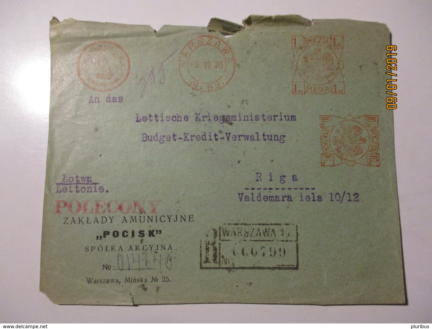 1930 POLAND WARSZAWA POCISK MILITARY AMMUNITION   ,  TO LATVIA , FRONT OF THE COVER   , O - Covers & Documents