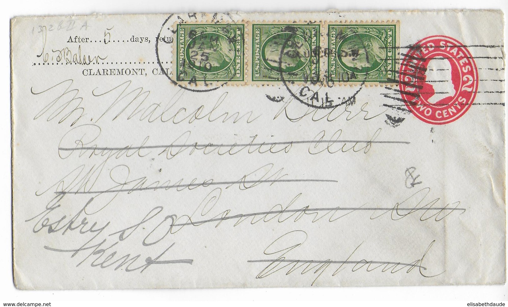 1910 - USA - ENVELOPPE ENTIER POSTAL De CLAREMONT Avec REPIQUAGE  => ANGLETERRE - 1901-20