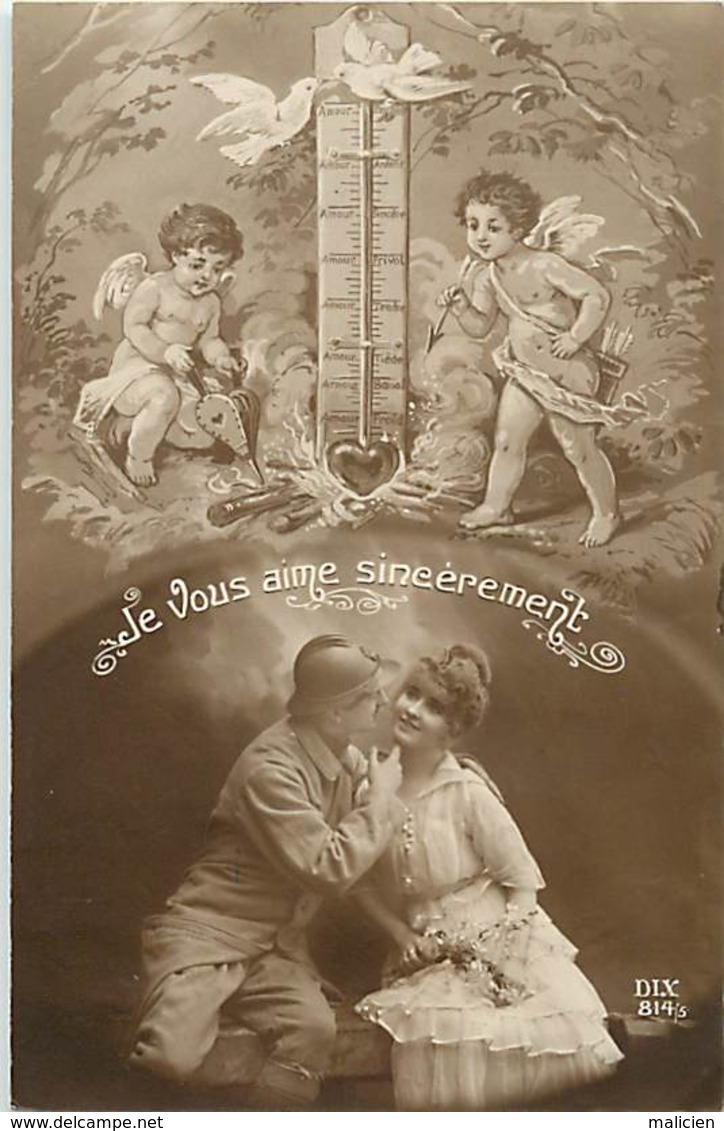 -ref-B13- Patriotiques - Guerre 191-14 - Couples - Angelots - Thermometre -  .. Sincèrement .. - Carte Bon Etat - - Patriotiques