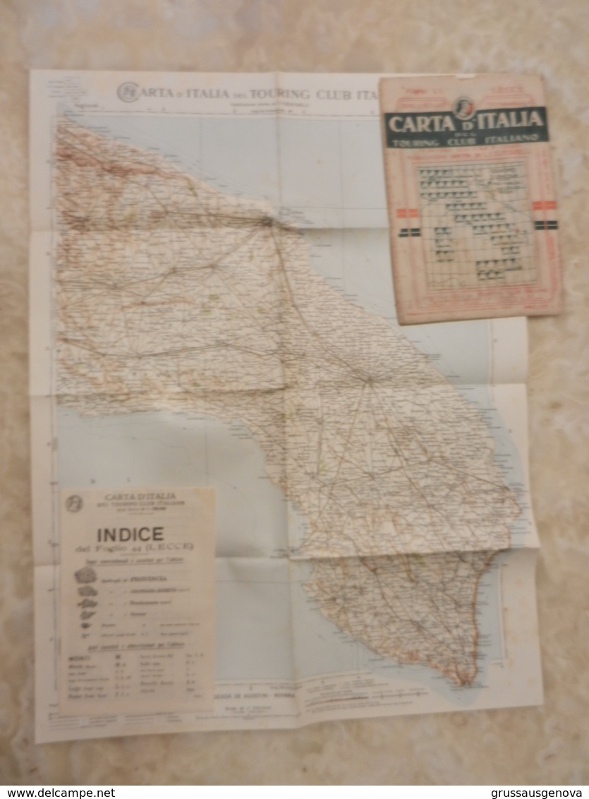 6) PUGLIA FOGLIO 44 LECCE CARTA D'ITALIA DEL TOURING CLUB COMPLETO DI INDICE E BUSTA IN CARTA PERGAMENACEA - Cartes Topographiques