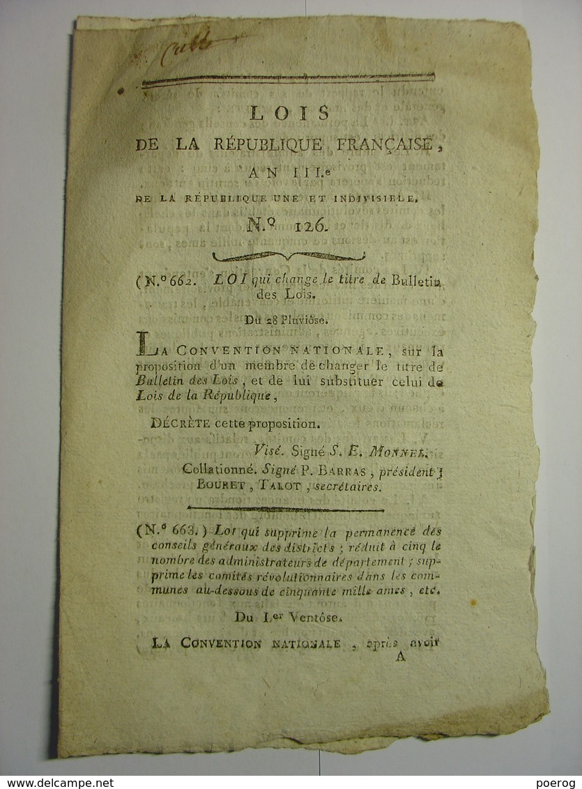 BULLETIN DES LOIS 1795 - EXERCICE DES CULTES - RELIGION - DEMOLITION MONUMENT DEVANT MAISON INVALIDES - FONCTIONNAIRES - Wetten & Decreten