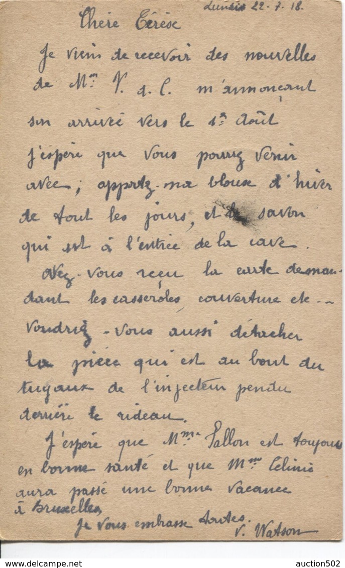 PR6137/14-18 Entier CP 8 C C.ambulant Virton-Houyet 1918 Censure Dinant V.Namur C.d'arrivée - OC1/25 Gouvernement Général