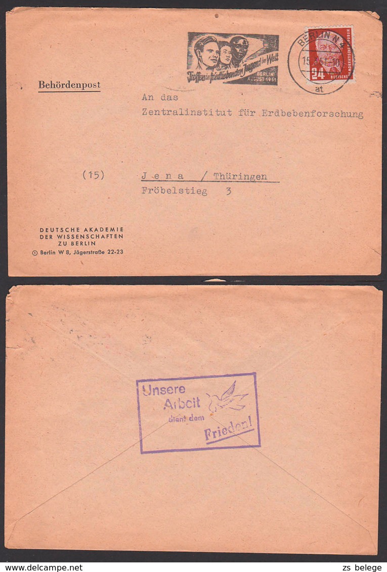 Paece, Frieden Gummist. "Unsere Arbeit Dient Dem Frieden!" Behördenpost 1951, Berlin Trreffen Jugend Der Welt, Akademie - Briefe U. Dokumente