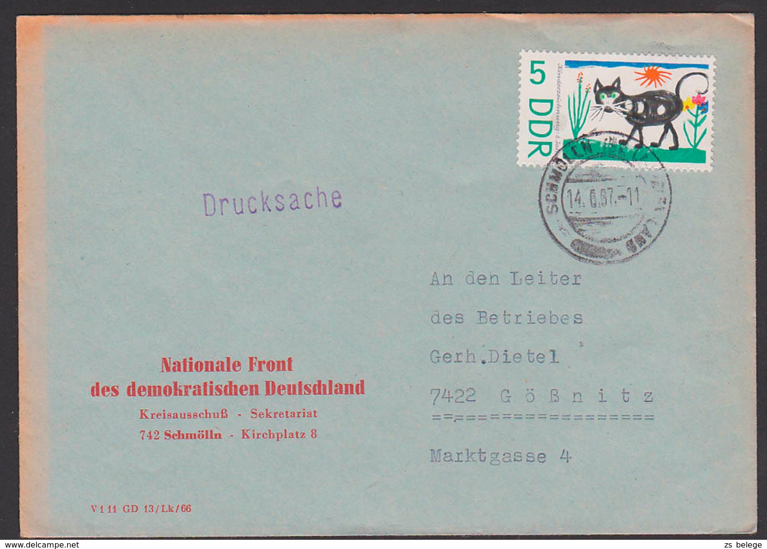 Cat Katze Kater 5 Pf. Kinderzeichnung Portogenau Drucksache DDR 1260 Schmölln, Nationale Front Demorkratische D. - Sonstige & Ohne Zuordnung