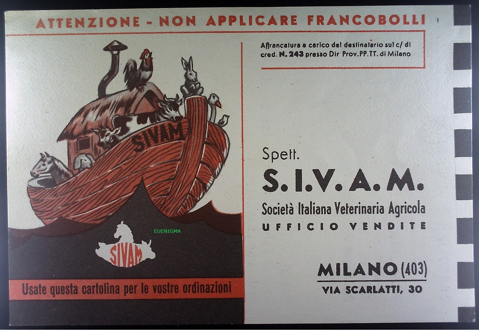 CARTOLINA D'ORDINANZA - S.I.V.A.M.  SOCIETA ITALIANA VETERINARIA AGRICOLA - Altri & Non Classificati