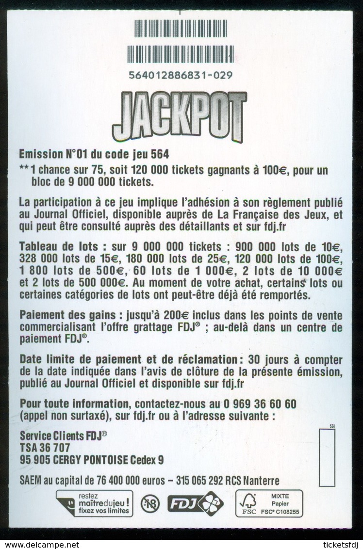 Grattage FDJ - FRANCAISE DES JEUX - JACKPOT 500 000 € - 56401 Double Carré - Billets De Loterie