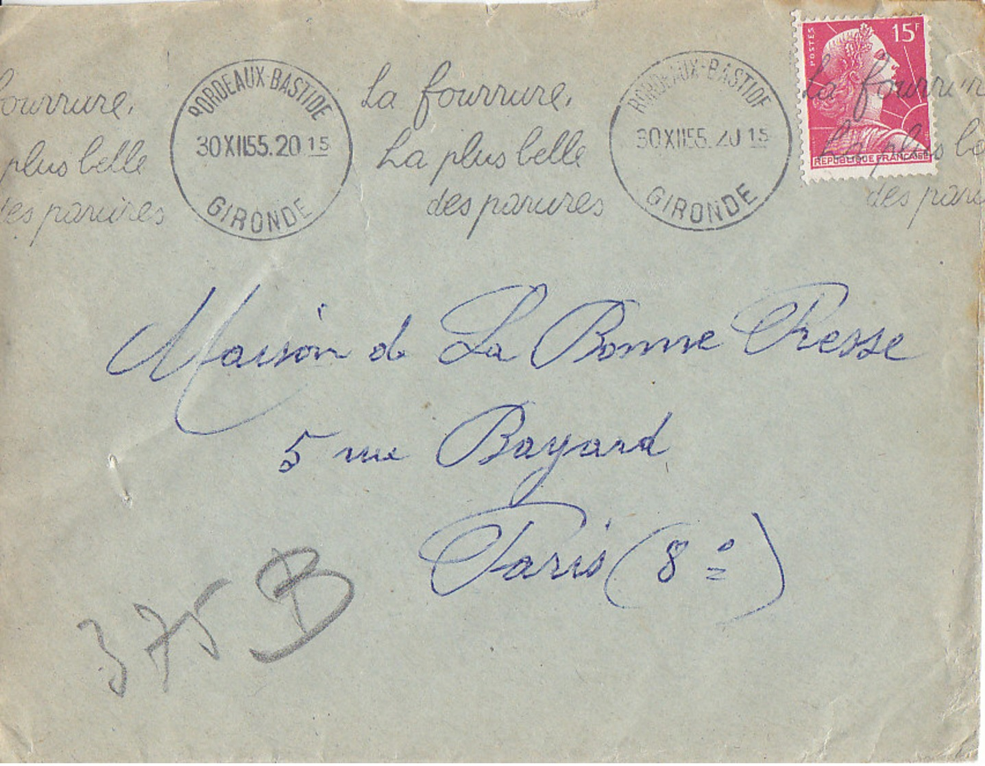 Bordeaux Bastide , Gironde , Flamme Krag La Fourrure,la Plus Belle Des Parures ,lettre De 1955 - Annullamenti Meccanici (pubblicitari)