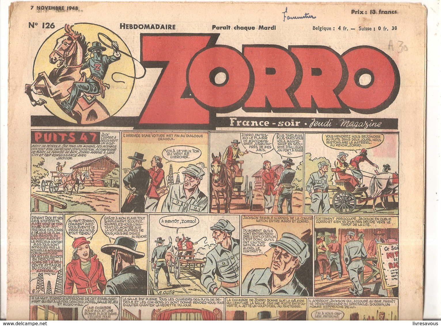 Zorro Hebdomadaire N°126 Du 7 Novembre 1948 Puits 47 - Zorro