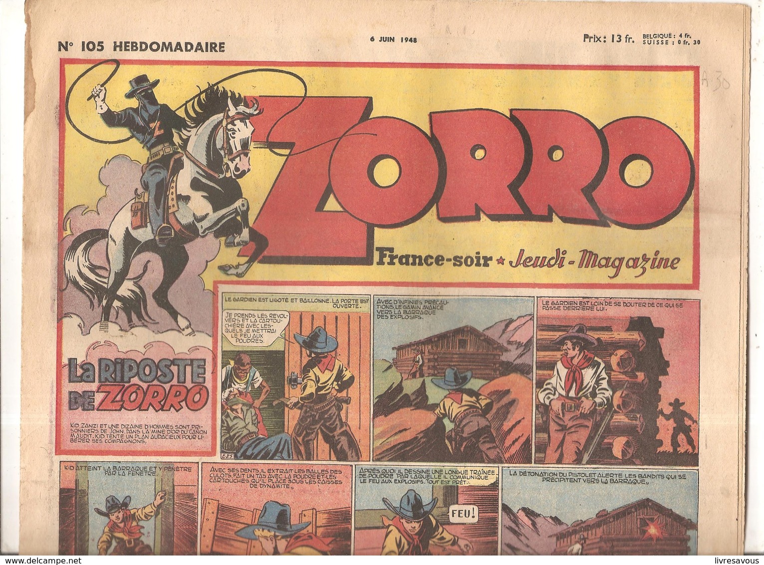 Zorro Hebdomadaire N°105 Du 6 Juin 1948 La Riposte De Zorro - Zorro