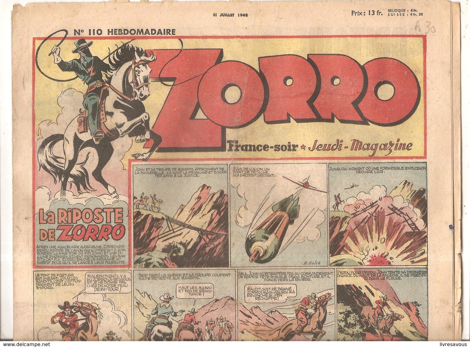 Zorro Hebdomadaire N°110 Du 11 Juillet 1948 La Riposte De Zorro - Zorro