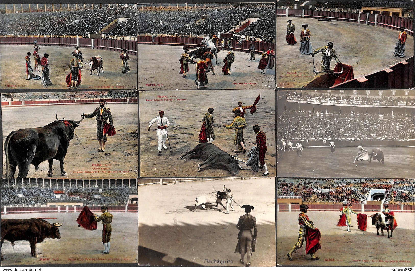 Lot Of 10 Postcards (2 Photos) Madrid Corrida Machaquito Toro.... - Corridas