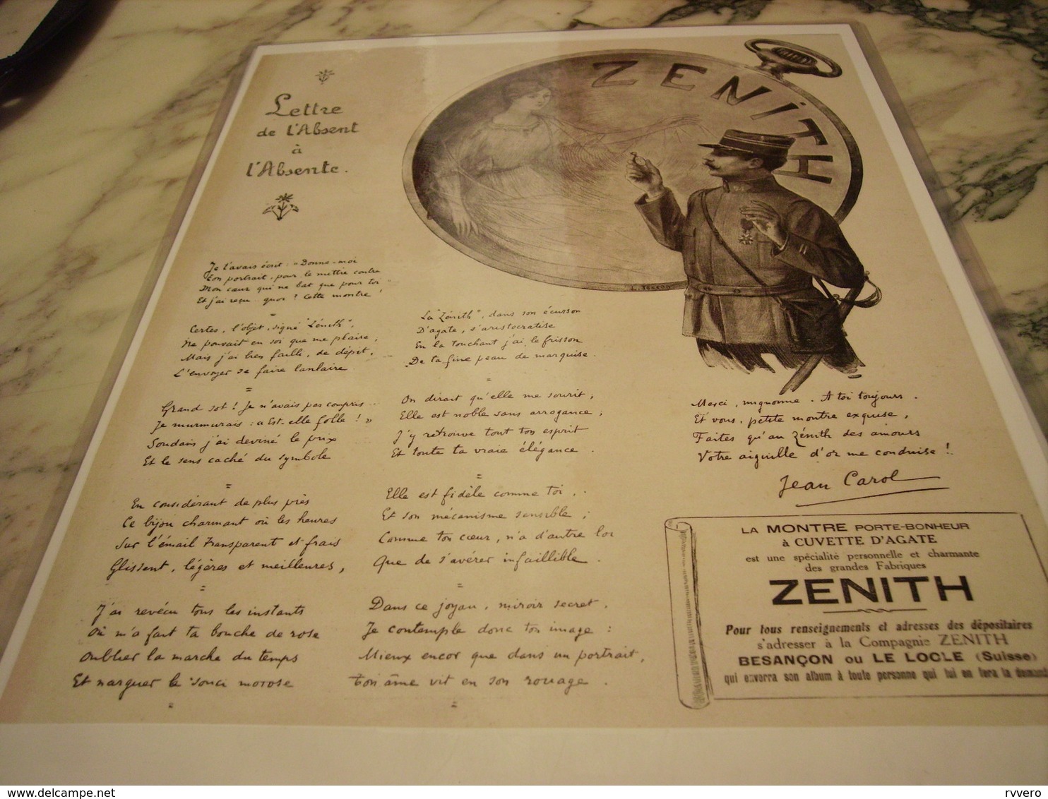 ANCIENNE PUBLICITE  MONTRE ZENITH LETTRE DE L ABSENT 1915 - Autres & Non Classés